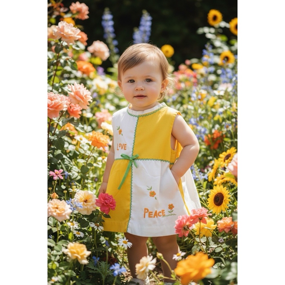 Vintage Handmade Toddler Dress Love Peace Hippie Yellow White 60s 70s - Picture 6 of 6